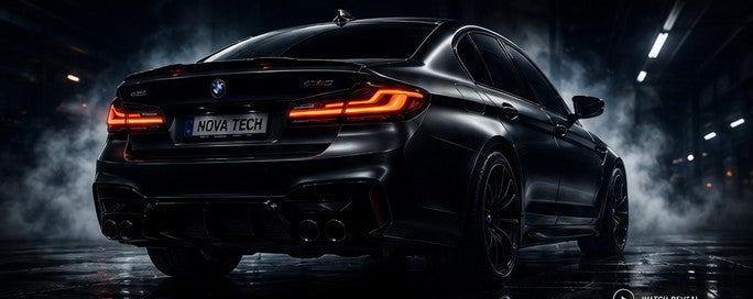 Blacked-out BMW M5 in a smoke-filled garage